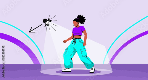 Young Woman Dancing in Spotlight on Stage with Abstract Background