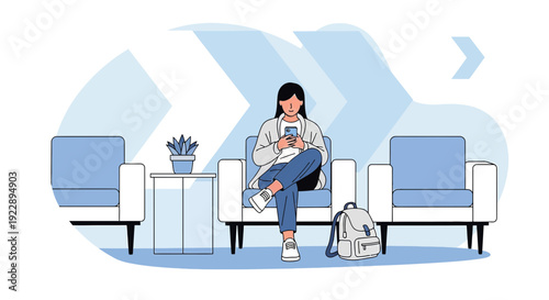 Young Woman Sitting in Waiting Room, Browsing Smartphone, Modern Minimalist Design