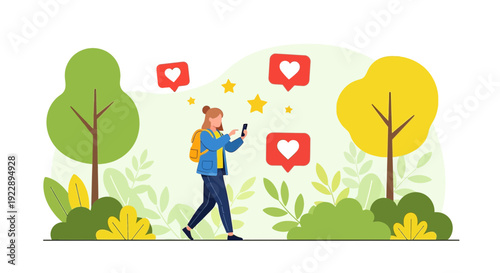 Young Woman Using Smartphone in Park with Social Media Likes and Stars