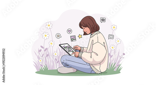 Young Woman Using Tablet Outdoors Surrounded by Flowers and Social Media Icons