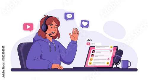 Young woman with headset broadcasting live stream on laptop, waving hand, social media icons.