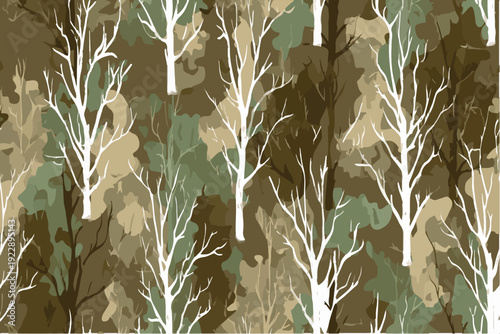 a seamless pattern of camouflage forest, vector illustration, with white tree trunks and branches, brown background, high resolution, high detail, high quality, seamless pattern