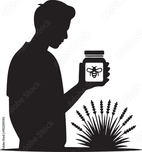 Man silhouette with honey jar in hand on transparent background
