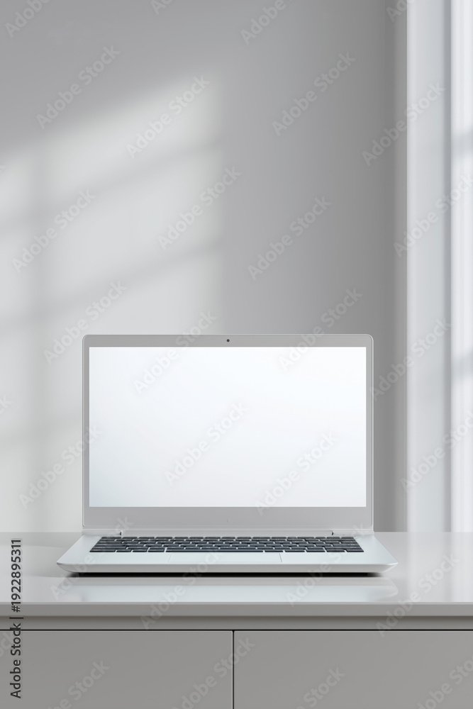 Fototapeta premium Front view of an open laptop with a blank screen on a minimal desk with copy space