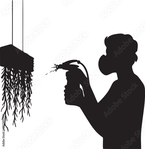 Person spraying plant with protective mask for pest control