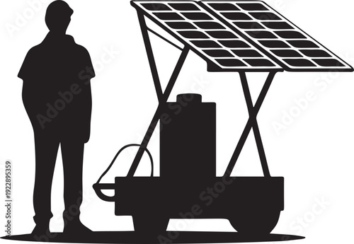Man standing near portable solar power generator with panels
