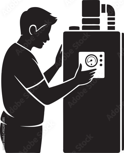 Man checking gauge on industrial heating system boiler unit