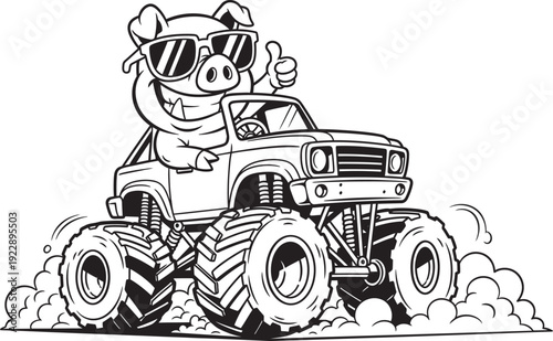 Pig in Monster Truck vector, Enthusiastic Cartoon Pig in Sunglasses Driving a Powerful Monster Truck Illustration with Thumbs Up