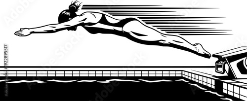 Professional female swimmer diving into pool illustration: Design for swimming club flyers, sports competition posters, or aquatic center signage. Transparent background EPS version.