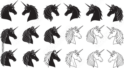 Unicorn head silhouette icon set, Set of Unicorn Silhouettes and Line Drawings on White Background