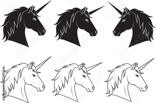 Unicorn head silhouette icon set , Black and white illustrations of unicorn heads in a grid pattern