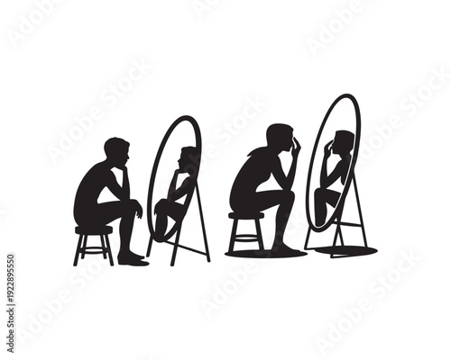 Silhouetted Figures Sitting and Looking in Mirrors Reflecting Their Own