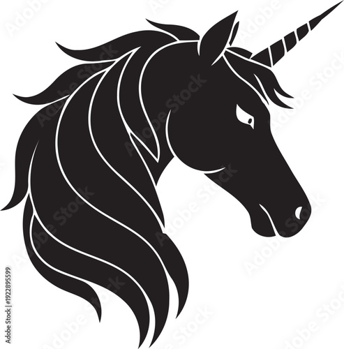 Unicorn head silhouette icon ,Elegant black unicorn head silhouette embodying mythical grace and powerful fantasy, a symbol of purity and magical legends