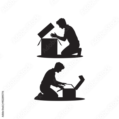 Silhouettes of a man opening and examining boxes on a white background