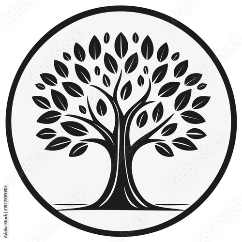 Bold Silhouette of a Stylized Tree of Life within a Circle Emblem