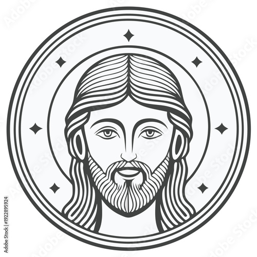 Stylized portrait of a man with a beard and long hair within a circular emblem
