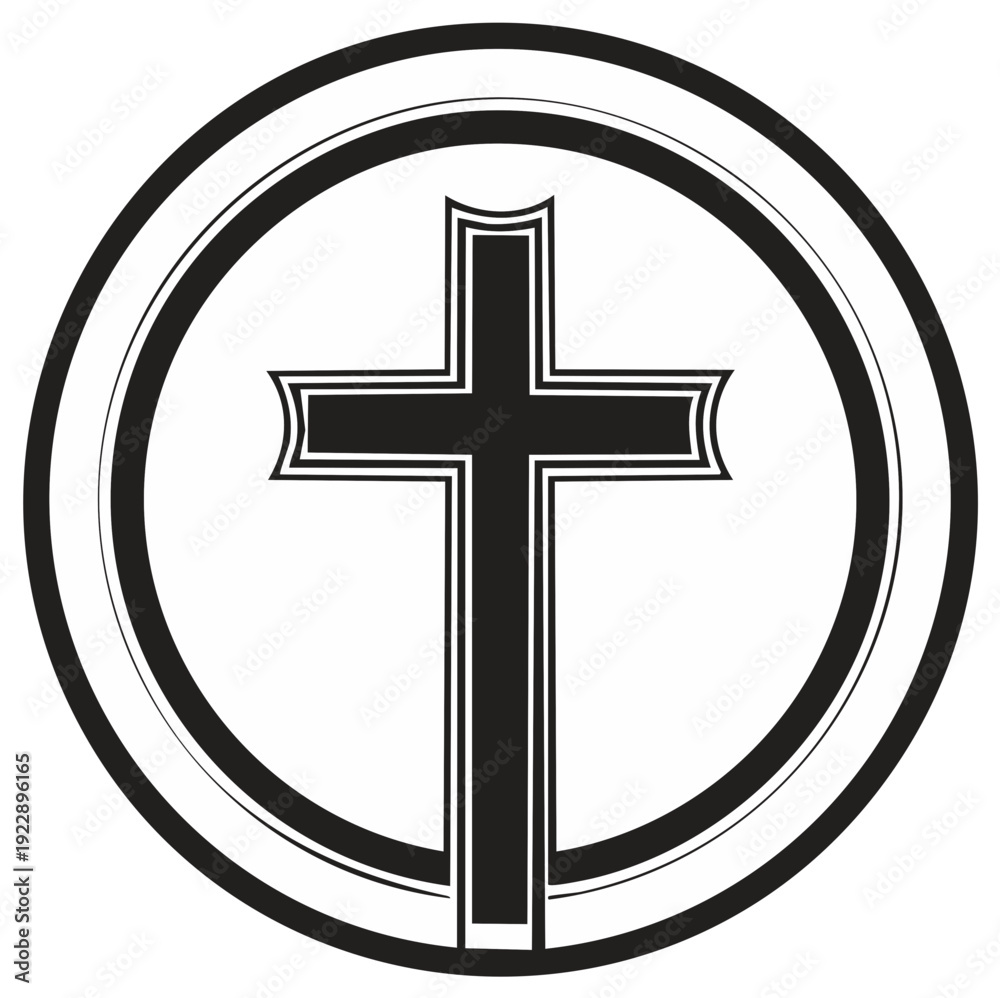 Fototapeta premium Christian Cross Symbol in Circle Black and White Religious Icon Faith Sign Vector Illustration