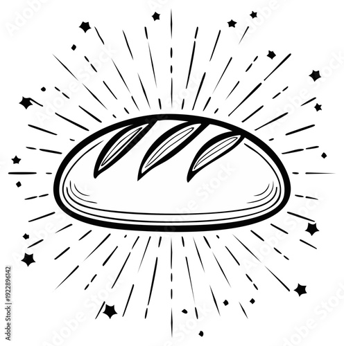 Loaf of Bread Hand Drawn Illustration with Radiating Lines and Stars Bakery Product Food Sketch Artwork