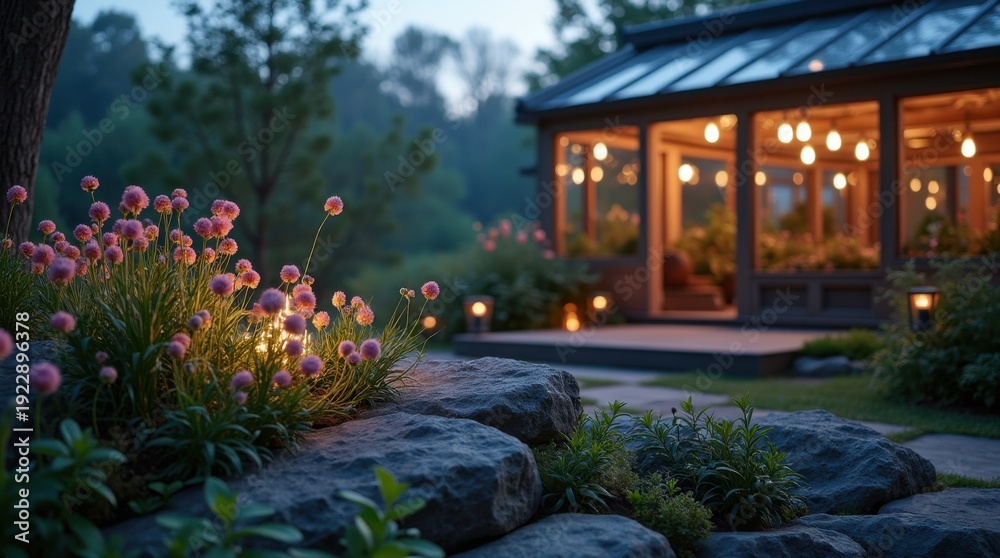 Fototapeta premium A botanical greenhouse is present during twilight, showing a navy podium nearby. Flowers grow among the rocks, and the background is blurred with soft lights 