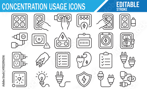 Set of vector symbols for power usage concentration and safety.