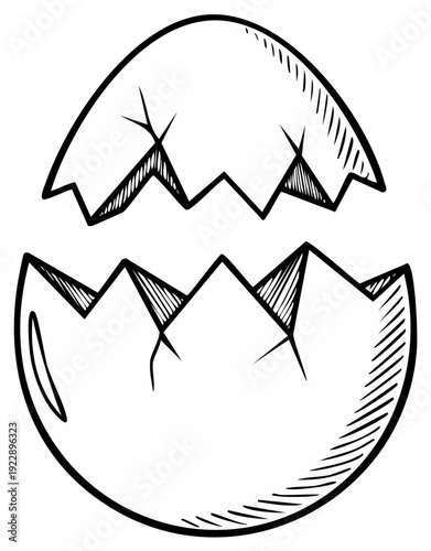 Hand drawn cracked open eggshell with hatched lines representing emptiness and new beginnings