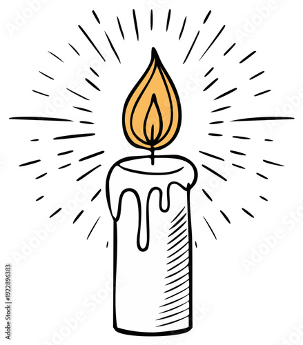 Hand drawn illustration of a lit candle with radiating light bursts and dripping wax in a simple sketch style
