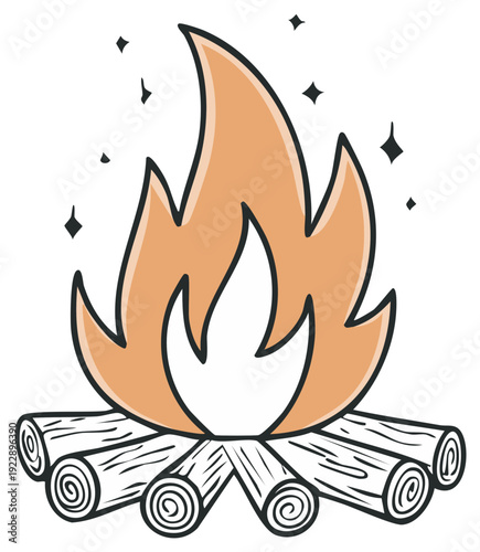 Cartoon campfire with glowing embers and stylized flames set against a white background