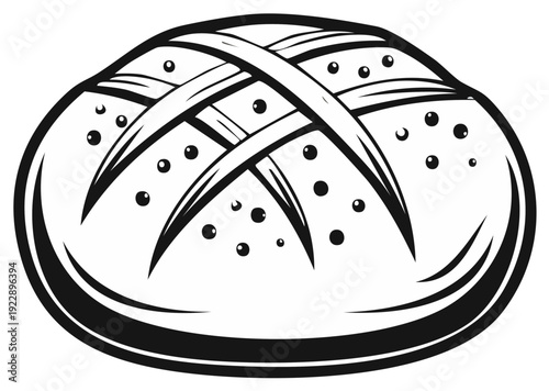 Stylized Black and White Loaf of Bread with a Cross Scoring and Speckled Texture