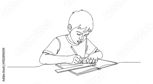 Continuous line art illustration of a focused young boy diligently drawing and learning in a notebook with a ruler, representing education and creativity