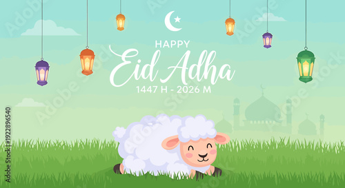 Cartoon Sheep Lying on Green Grass.