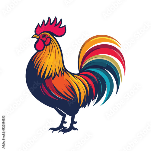 Vibrant, stylized rooster with a magnificently feathered tail, posed in a bold, graphic art style, symbolizing morning and rural life, isolated on white.