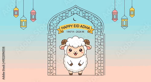 Cartoon Sheep Standing Under Archway.