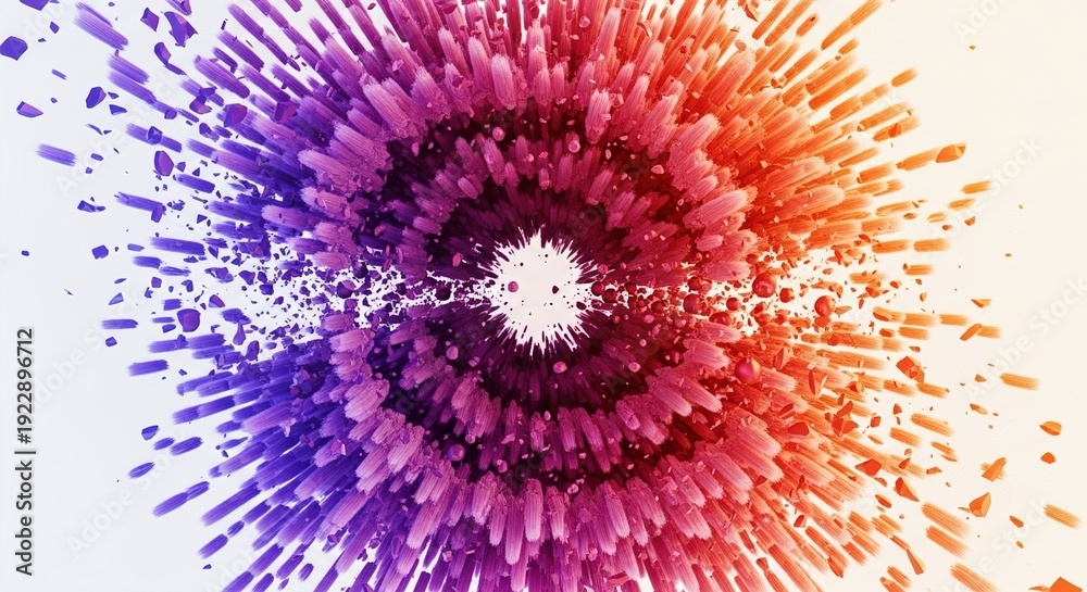 Obraz premium Abstract colorful explosion on white background with sharp fragments creating radial pattern