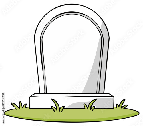 Blank stone grave marker with grass and arched top on white background