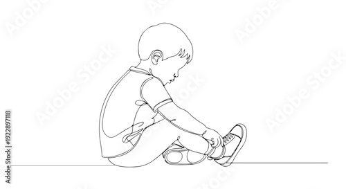 Continuous line drawing of a small child sitting down and learning to interact with their shoes, symbolizing early development, independence, and the concept of growth during childhood
