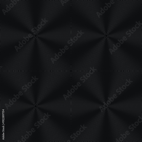 Modern 3D halftone seamless pattern. Minimalist black background with white dotted geometric gradients creating a volumetric optical illusion for tech, web, and abstract interior designs.