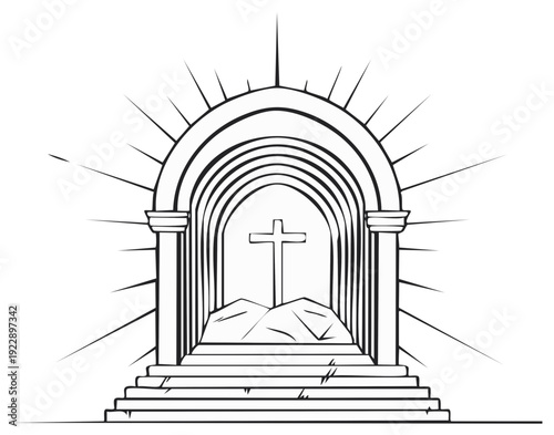 Archway leading to a cross on a hill with radiating light and steps