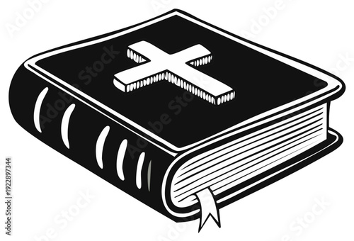 Illustration of a religious book featuring a prominent cross symbol and a bookmark.