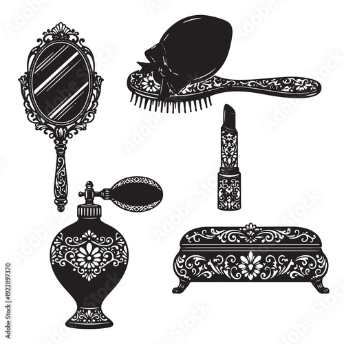 Vintage black and white vector set of ornate beauty silhouettes. Ornamental hand mirror, perfume bottle, lipstick, jewelry box, and hairbrush with intricate floral patterns for luxury decor.