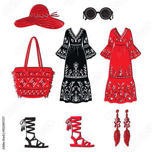 Stylish boho summer outfit set in red and black. Vector collection featuring maxi dresses, straw hat, fringe bag, gladiator sandals, and accessories for beach fashion and travel designs.