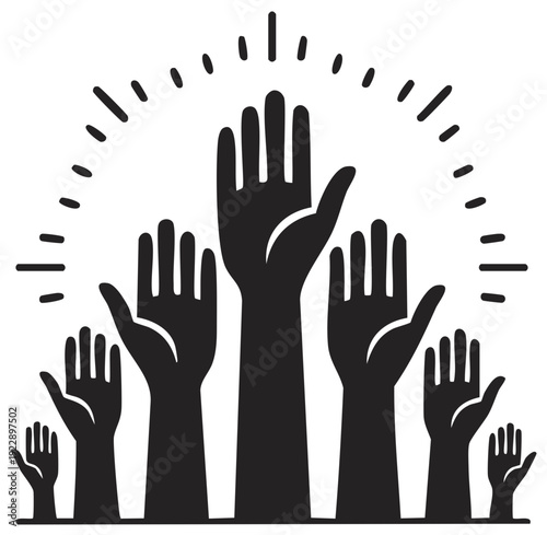 Diverse group of hands raised in unity, symbolizing participation, voting, or celebration