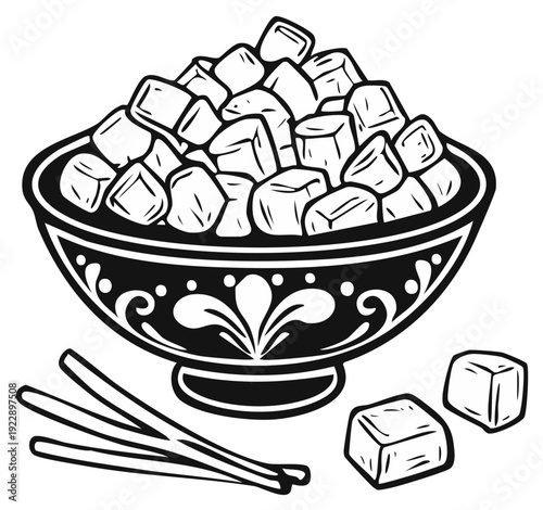 Stylized bowl overflowing with Turkish delight candies with ornate detailing and accompanying chopsticks line art