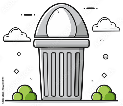 Simplified Garbage Can Illustration with Open Lid Under Cloudy Sky