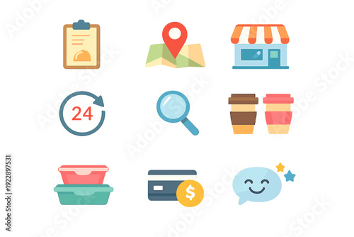 A collection of nine flat icons representing food delivery and business services, including a menu, location map, storefront, 24-hour clock, search tool, coffee, containers, payment, and feedback.