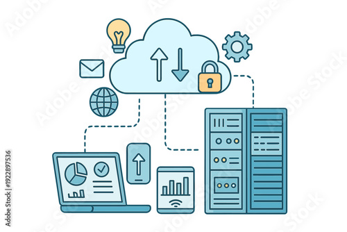 A flat vector illustration showing cloud computing concepts with a central cloud icon connected to a laptop, smartphone, tablet, and server rack using dashed lines.