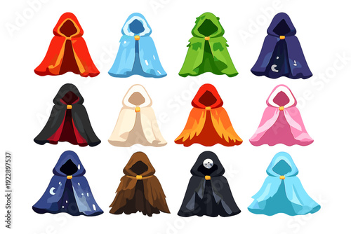 Twelve different hooded cloaks and capes in a variety of colors and patterns, including celestial and elemental themes, displayed in a grid layout on a solid black background.