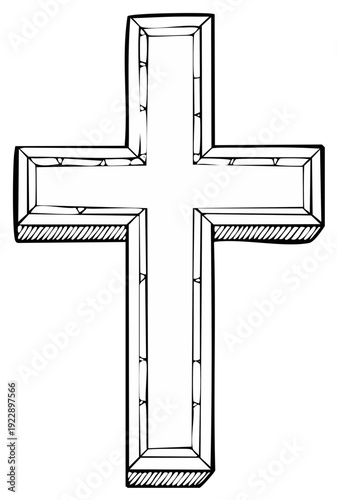 Outlined illustration of a Christian cross religious symbol with shadow and lines.