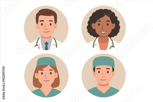 A set of four flat vector avatars representing diverse medical professionals, including doctors with stethoscopes and surgeons in green scrubs and caps, set against a dark background.