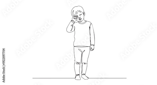 Continuous line drawing of a young boy touching his forehead, depicting feelings of sadness, headache, or general unwellness in a simple, minimalist illustration