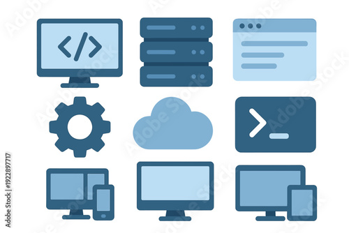 A collection of nine blue flat icons representing various technology and web development concepts including coding, servers, cloud computing, settings, and responsive design.
